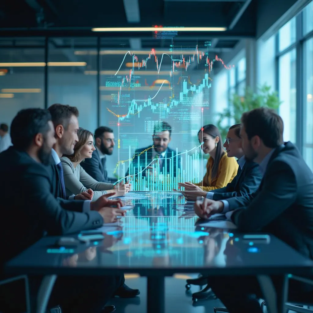 Equipo discutiendo estrategias de inversión con gráficos de fondo